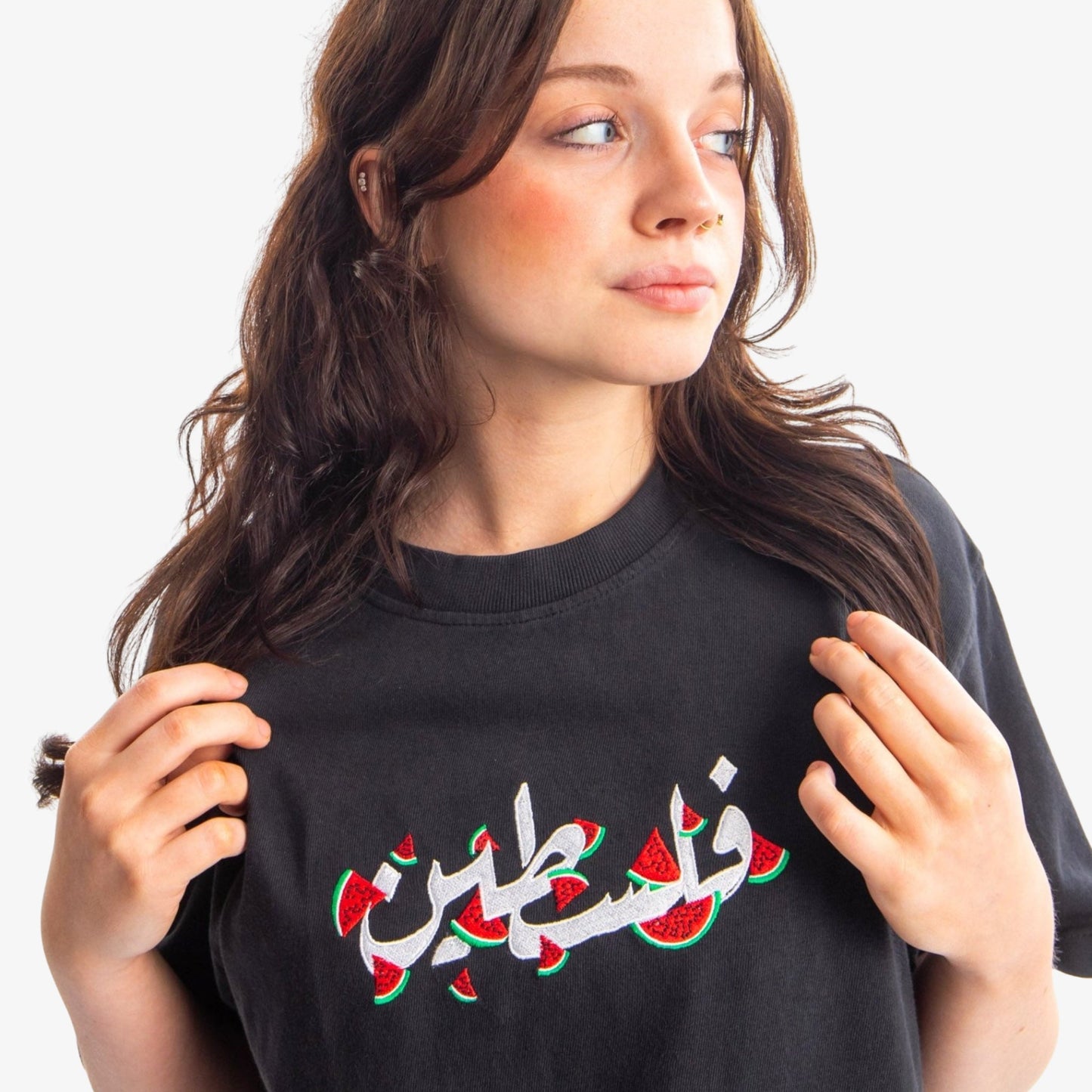 Falasteen Embroidered Heavyweight Tee Wear The Peace Short Sleeves Black S