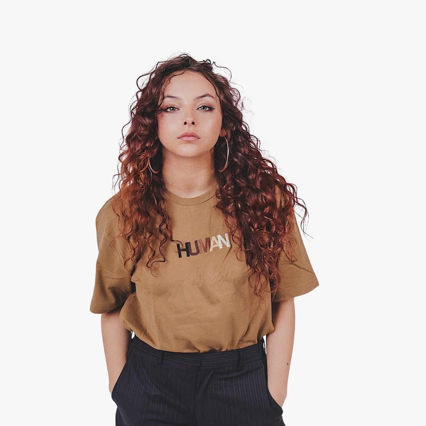 Human Embroidered Tee Wear The Peace Short Sleeves Brown S