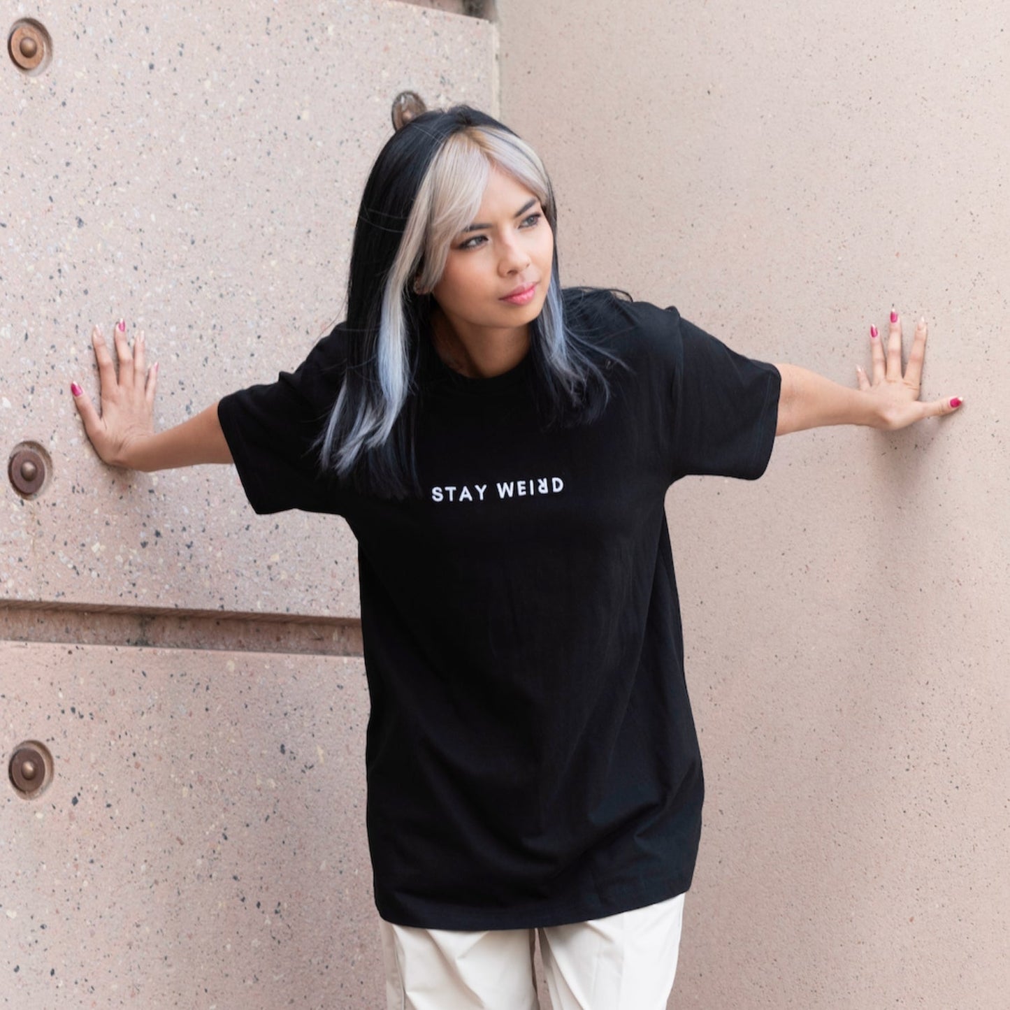 Stay Weird Embroidered Tee Wear The Peace Short Sleeves Black S
